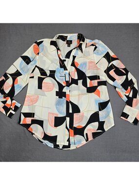 Worthington Petite Womens Abstract Button-Up Blouse PM White/Black